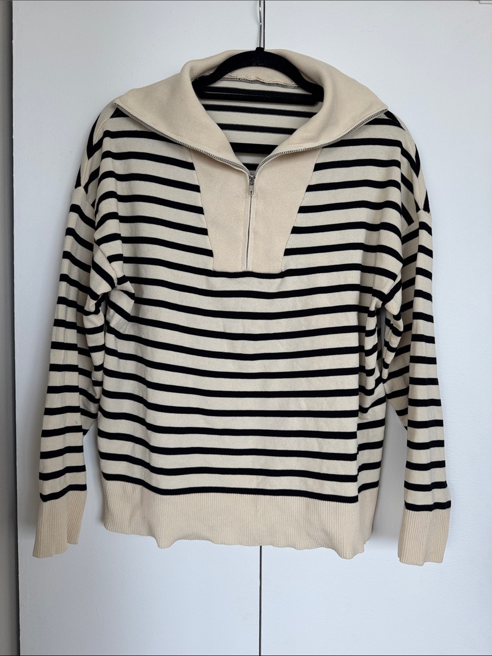 Women's Striped Zip-Up Sweater - Cream & Black